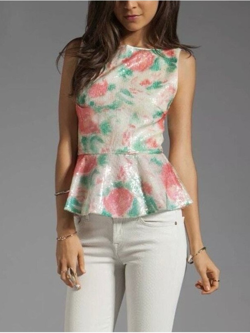 Alice + Olivia Pink & Green Sequin Peplum Tank